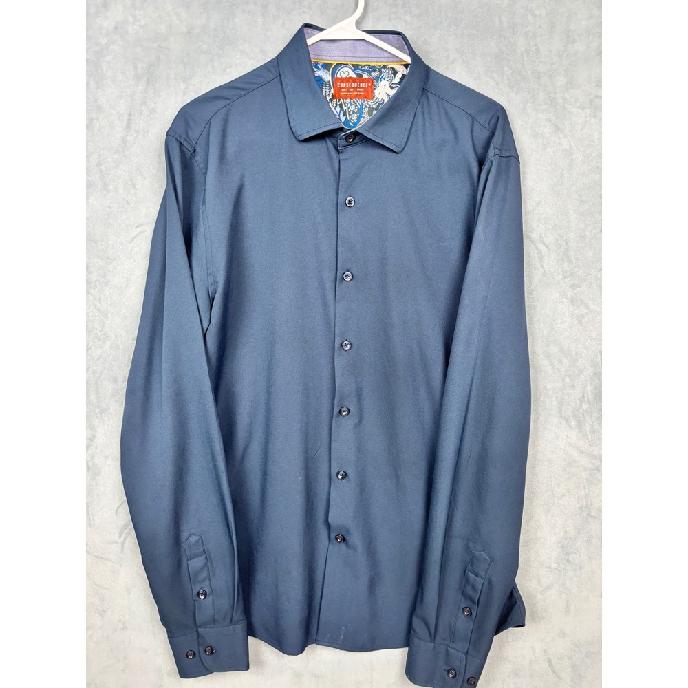 Consequence Mens Navy Blue Paisley Trim Long Sleeve Button Down Shirt Large